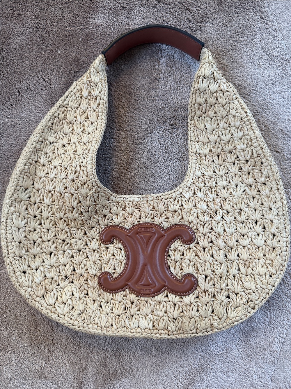 Celine Natural Raffia Hobo with Brown Leather Triomphe Emblem